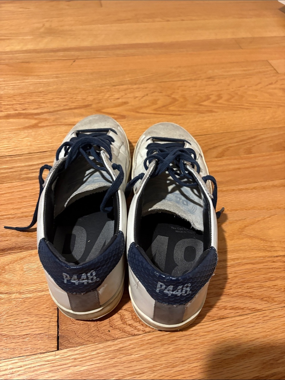 P448 White and Navy Leather Suede Low-Top Sneakers